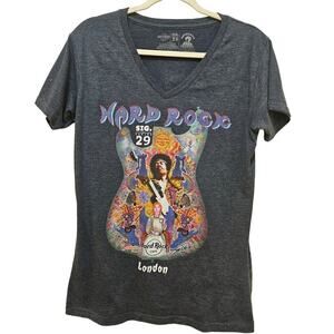 Hardrock Cafe London SzL. SIG29. Jimi Hendrix Rare T shirt. V neck. Gray. Guitar
